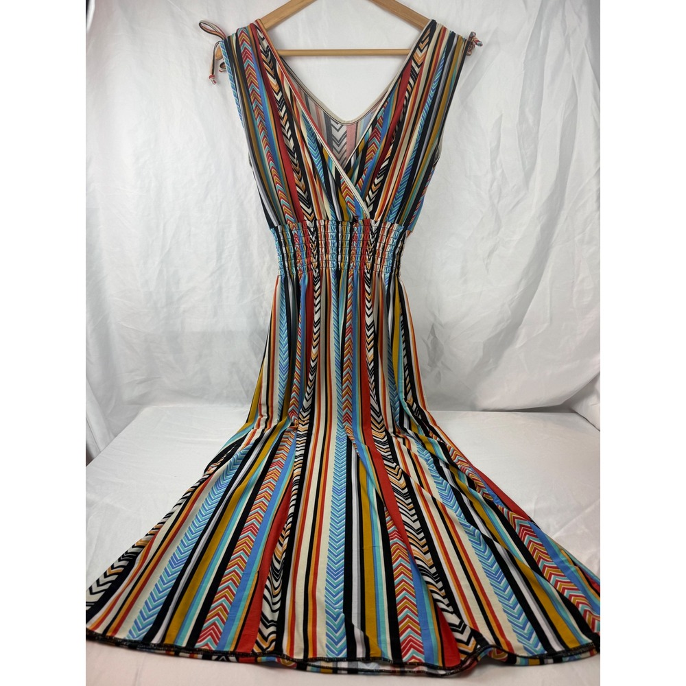 FC Multi-Color Striped Chevron Smocked Waist Maxi Boho Dress Sleeveless M-L